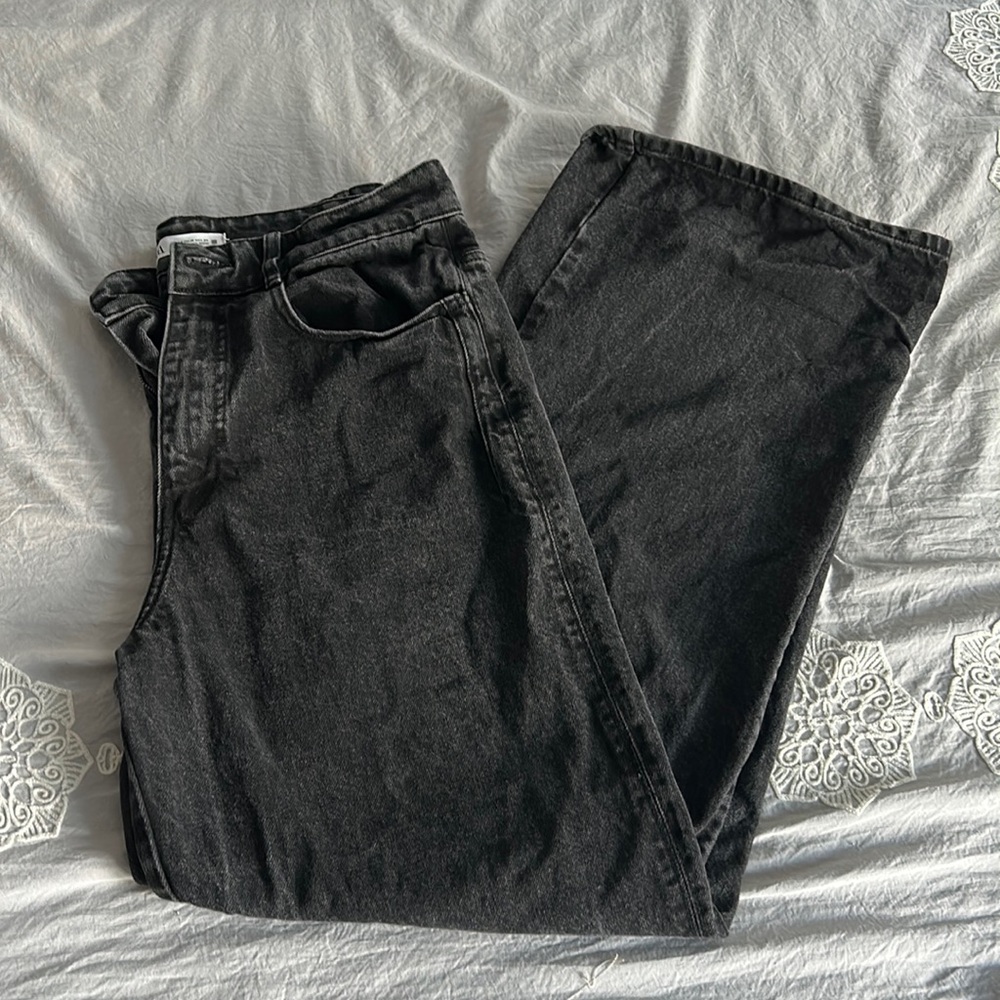 Black denim high waisted wide leg jeans